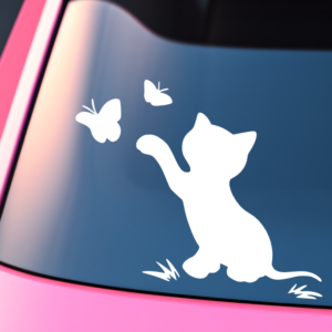 Cat Playing With Butterflies Vinyl Car Decal Sticker